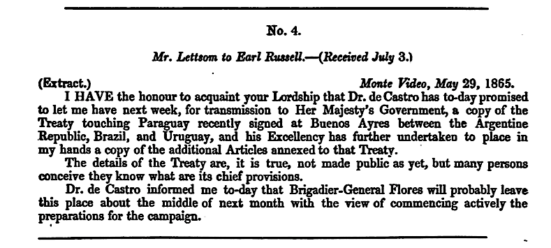 Trecho impresso de correspondência diplomática britânica de 1865, carta de Lettsom ao conde Russell datada de Montevidéu, 29 de maio de 1865