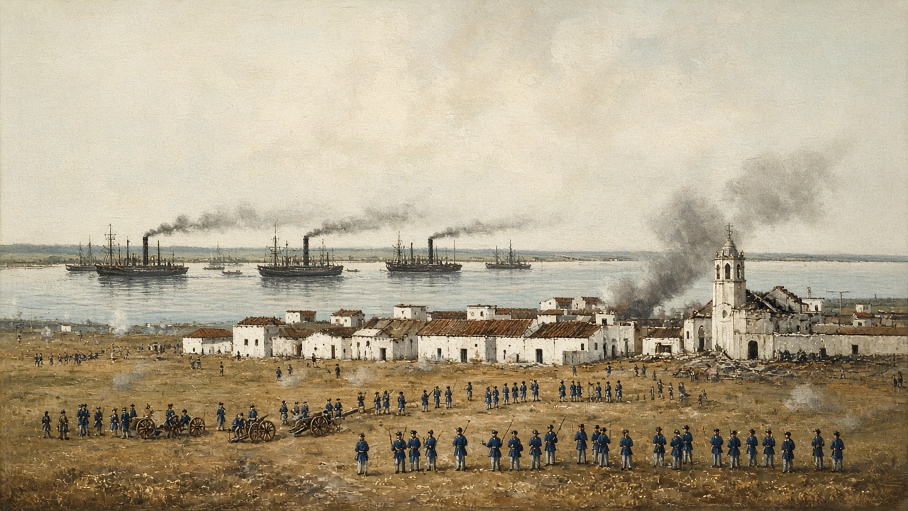 Cena recriada com IA: soldados e canhões cercam uma pequena cidade uruguaia à beira do rio, com navios a vapor ao fundo e fumaça sobre a igreja