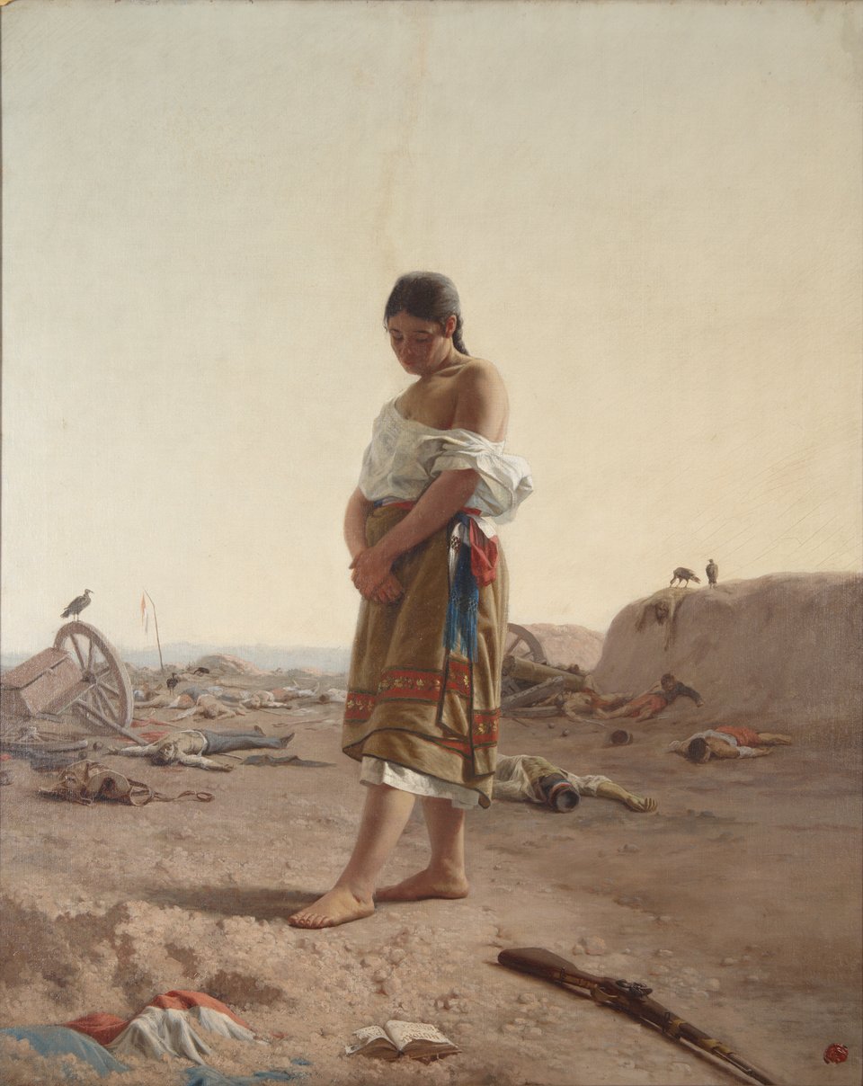 Pintura de uma mulher paraguaia em luto, de pé sobre um campo devastado, com corpos e ruínas ao fundo