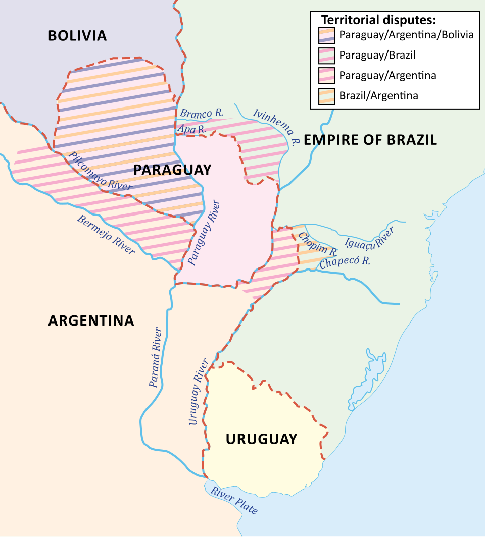 Mapa das disputas territoriais na região platina em 1864, com Paraguai, Brasil, Argentina, Uruguai e Bolívia