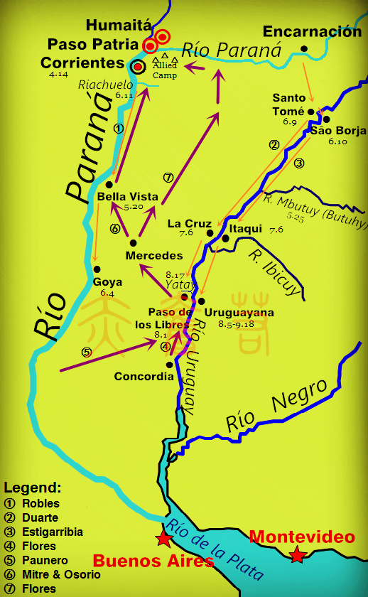Mapa da bacia dos rios Paraná e Uruguai com setas que mostram o avanço paraguaio para o sul em 1865 e o contra-ataque aliado, com Corrientes, Riachuelo, São Borja e Uruguaiana marcados