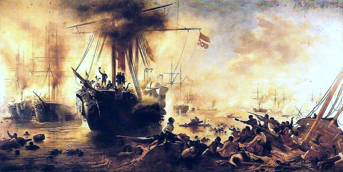 Pintura de batalha naval com uma fragata a vapor no centro, envolta em fumaça, com marinheiros no convés, náufragos na água e destroços de barcos no primeiro plano