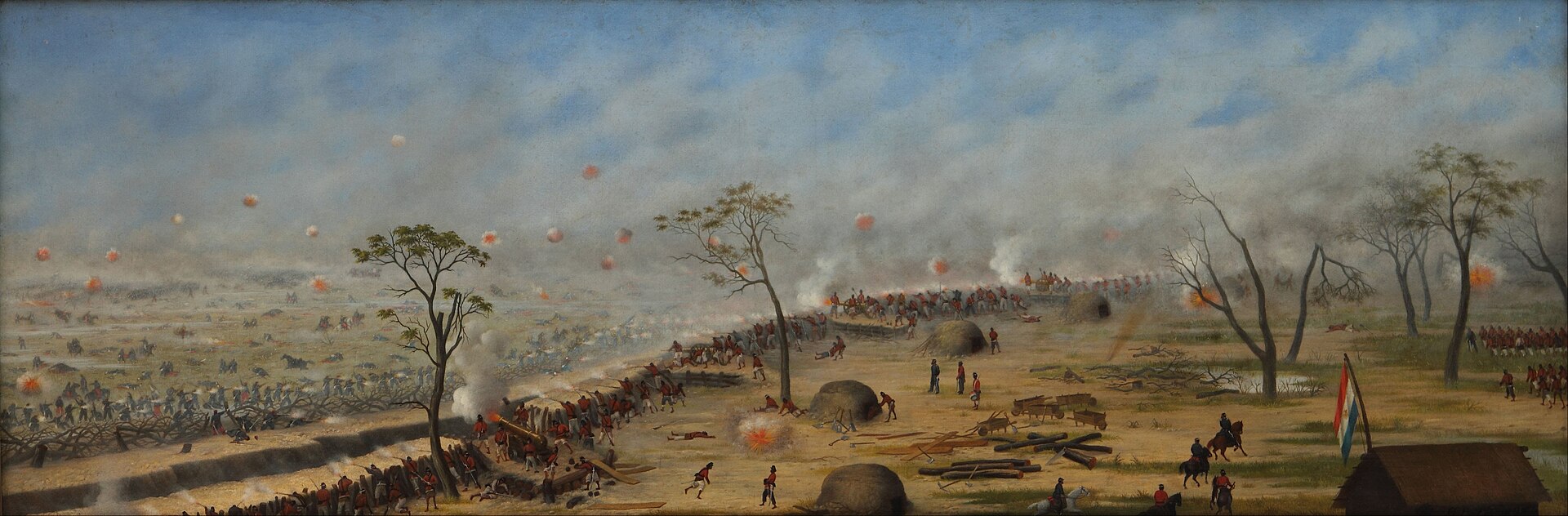Pintura panorâmica de uma trincheira paraguaia em zigue-zague, com soldados atirando de trás do parapeito, explosões no céu, árvores secas e uma bandeira do Paraguai à direita