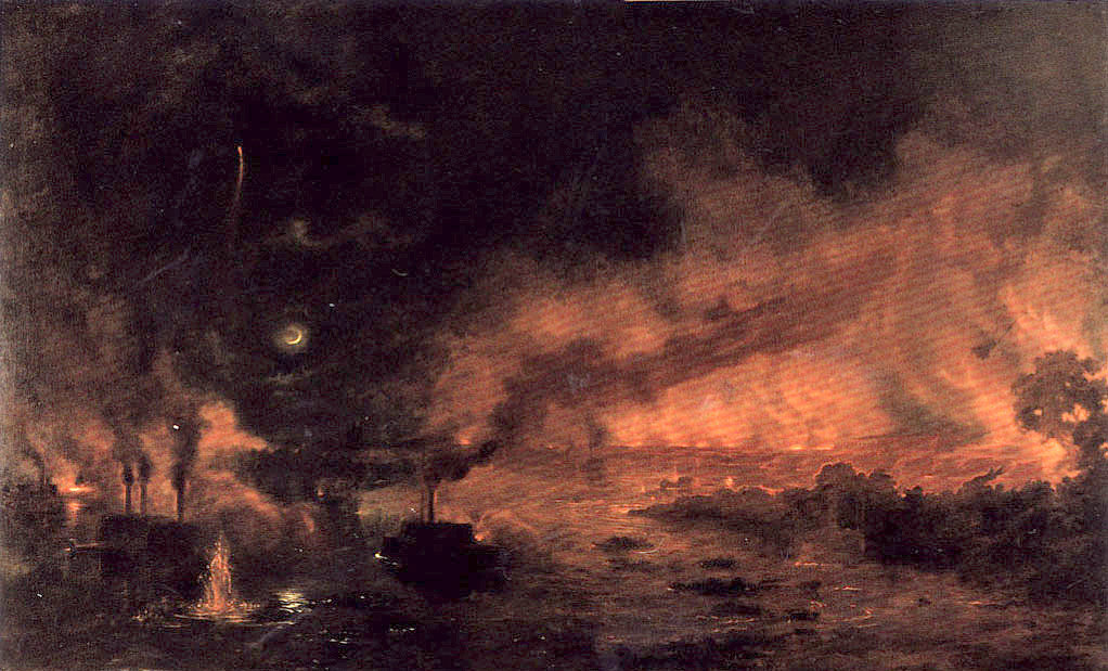 Pintura noturna de navios encouraçados avançando por um rio sob fogo, com o céu escuro, chamas e fumaça alaranjadas iluminando a margem