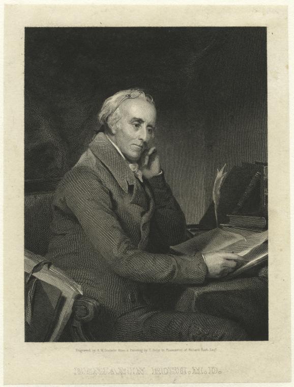 Gravura em preto e branco do médico Benjamin Rush, de casaca e gravata, sentado diante de livros