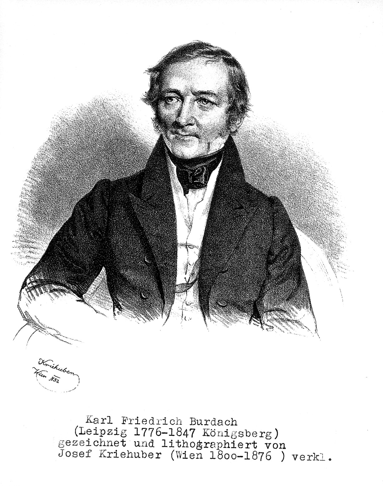 Retrato litografado do anatomista Karl Friedrich Burdach, idoso, de cabelos brancos e casaco escuro