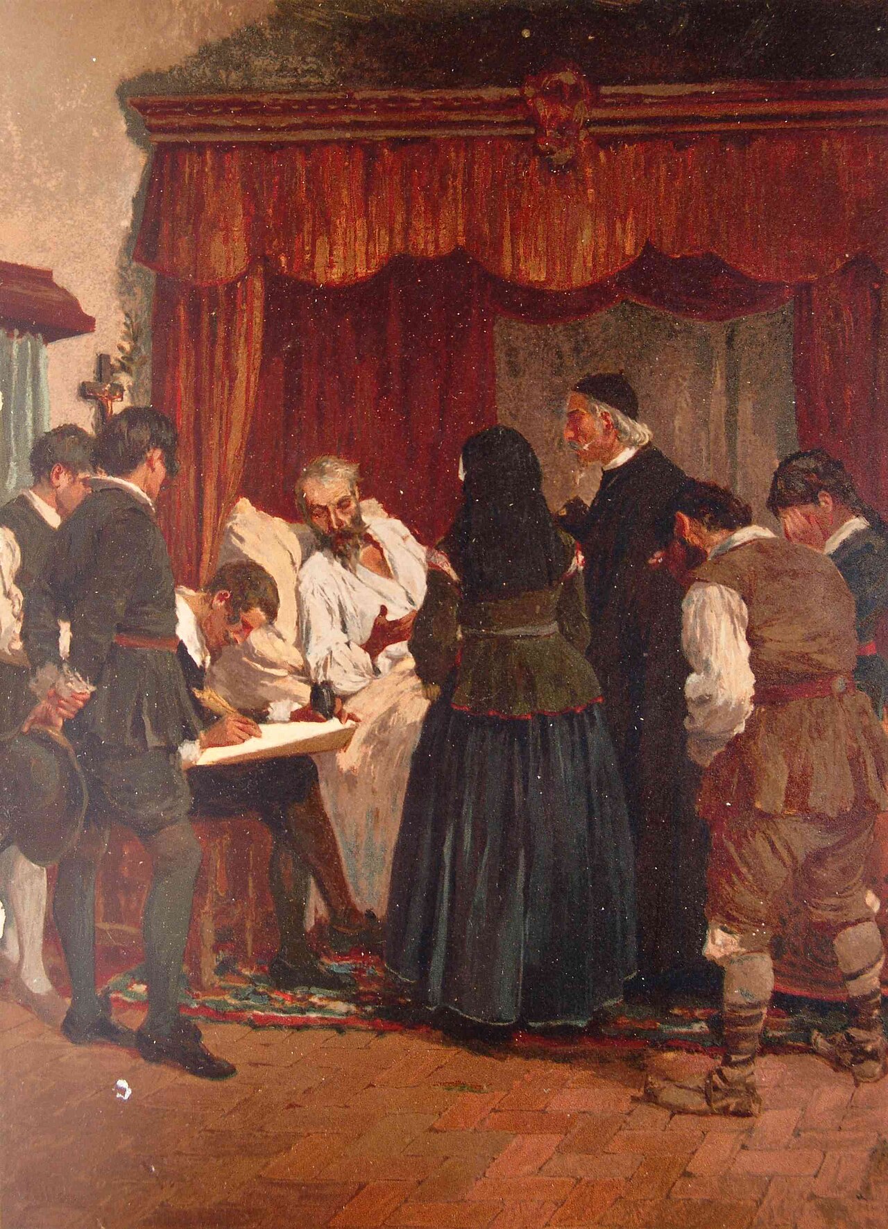 Pintura de Dom Quixote sentado no leito de morte, cercado por familiares, um padre e um escrivão que anota seu testamento