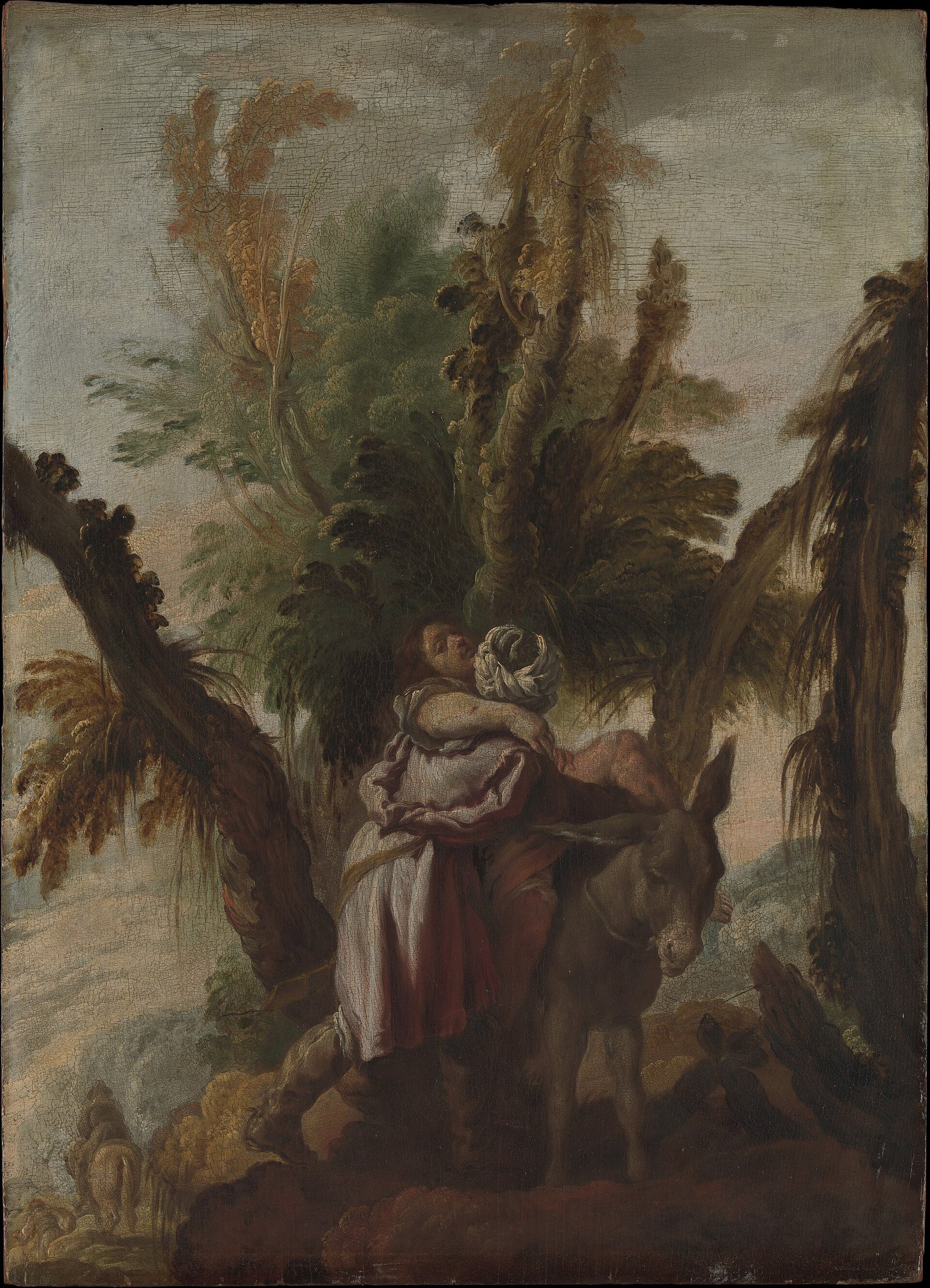 Pintura de um homem de turbante que trata as feridas de um homem caído à beira de uma estrada, com um cavalo ao lado, em cores escuras