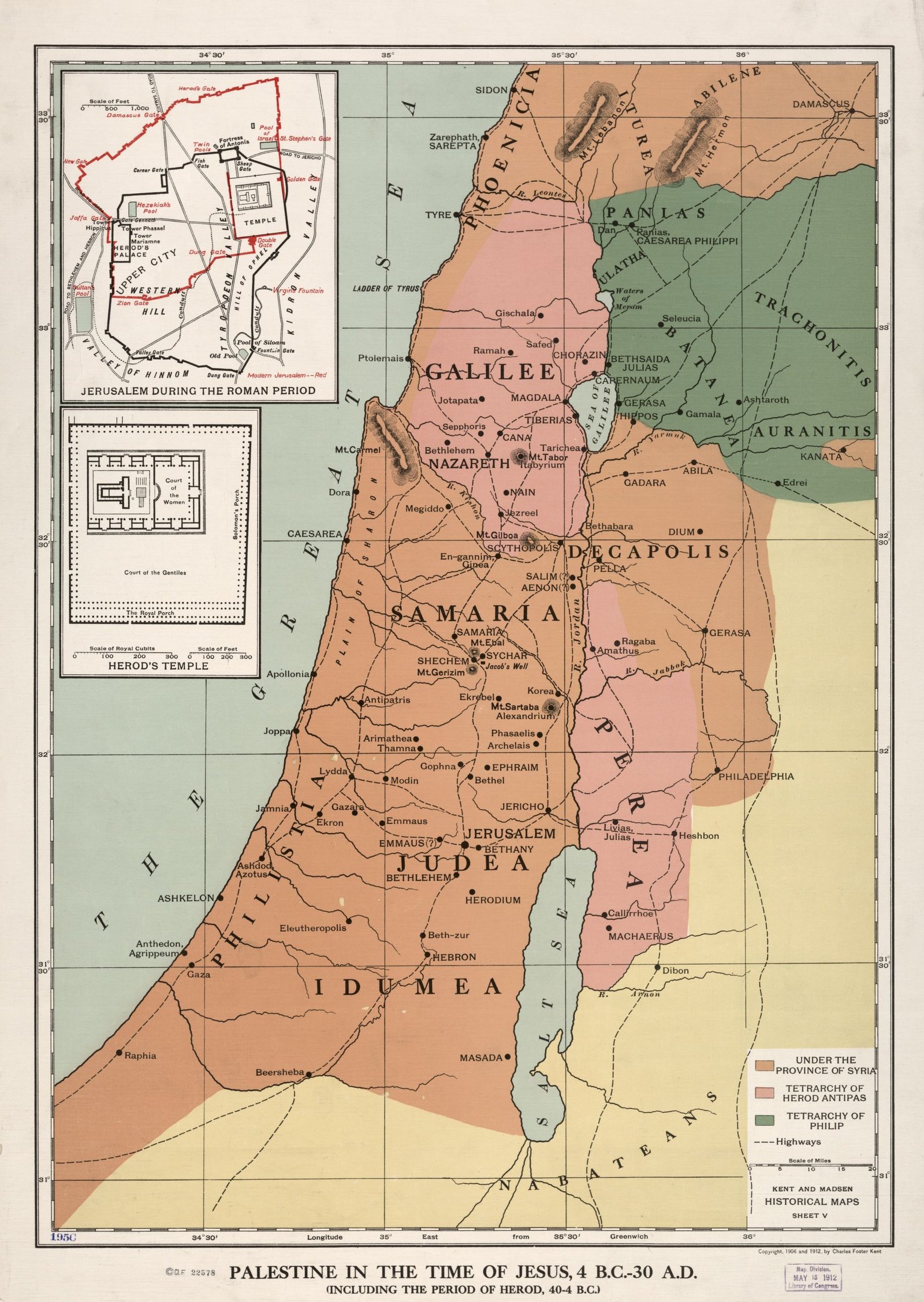 Mapa antigo da Palestina no tempo de Jesus com as regiões da Galileia ao norte, Samaria no centro e Judeia ao sul, coloridas de forma diferente, e o rio Jordão a leste