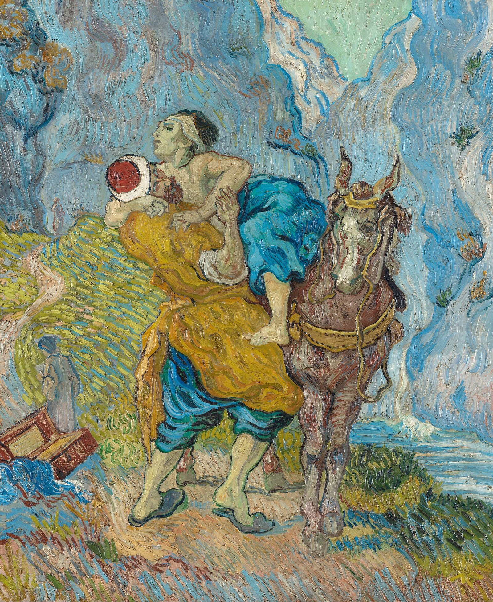 Pintura em cores fortes de um homem que ergue um ferido sem roupa para cima de um cavalo, numa estrada de montanha, enquanto ao fundo duas figuras se afastam