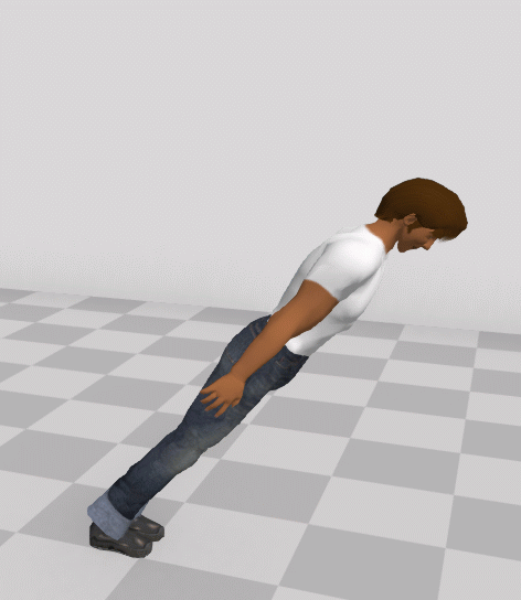 Ilustração em computação gráfica de uma pessoa inclinada para a frente, com os pés fixos no chão