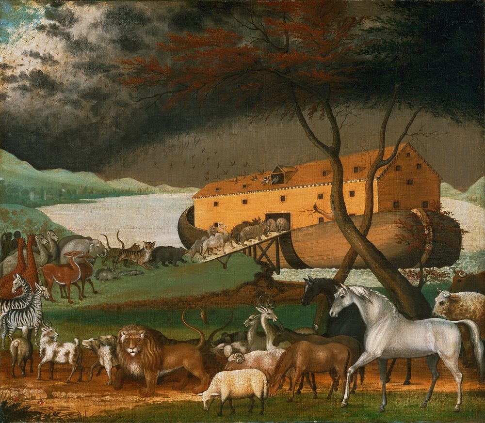 Pintura em estilo ingênuo de uma arca amarela com telhado sobre a água, animais subindo por uma rampa e outros em fila em primeiro plano, sob céu carregado