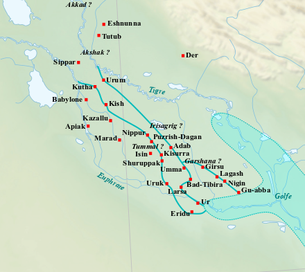 Mapa da Baixa Mesopotâmia com as cidades de Uruk, Ur, Eridu, Shuruppak, Nippur e Kish, os rios Tigre e Eufrates e a antiga linha da costa do golfo