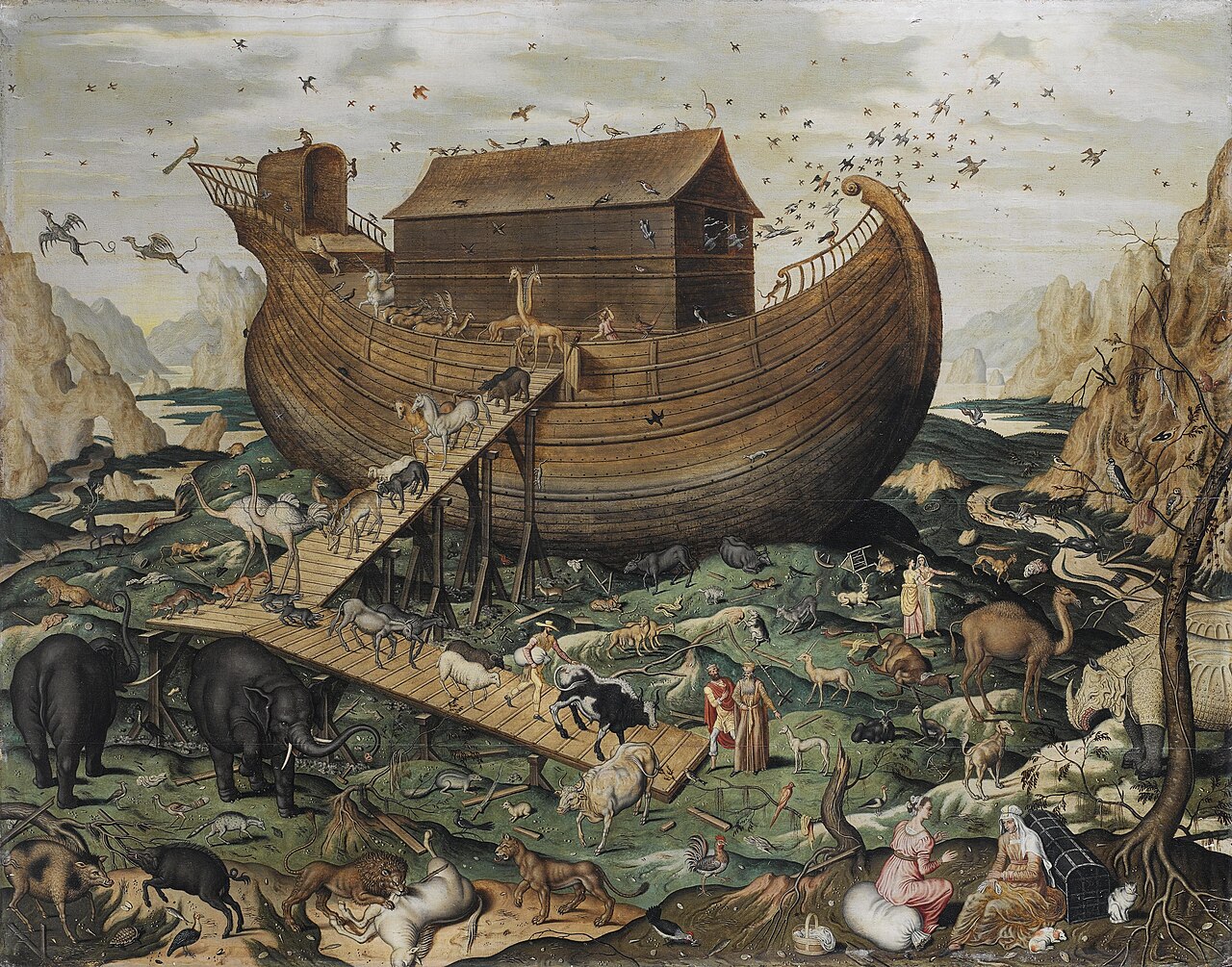Pintura do século XVI de uma arca de madeira enorme, com casco curvo e uma casa de telhado inclinado no convés, apoiada em terra entre rochedos, com rampas de madeira, animais descendo, pessoas em primeiro plano e bandos de aves no céu