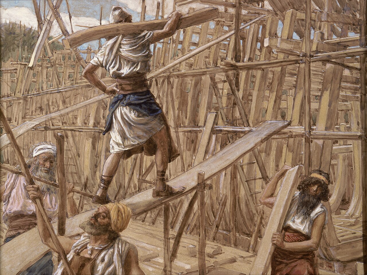 Pintura em aquarela opaca de carpinteiros descalços e de turbante trabalhando em andaimes de madeira na estrutura das costelas de um grande casco em construção, com um homem carregando uma prancha sobre o ombro